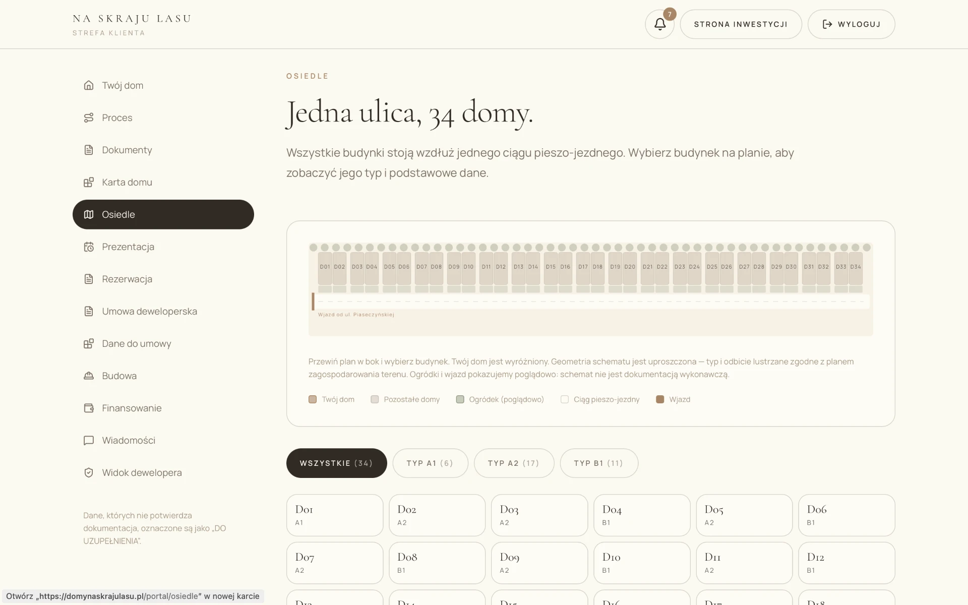 Portal klienta inwestycji — plan osiedla i lista domów