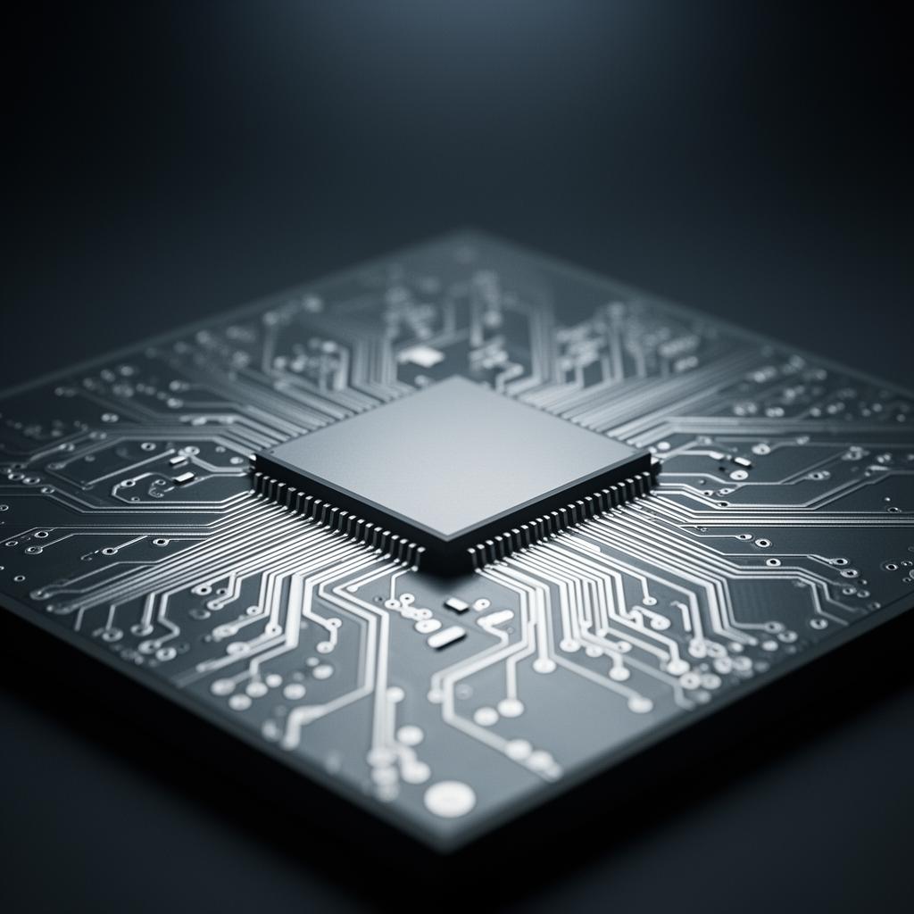 Makro płytki PCB w srebrze — symbol automatyzacji i AI